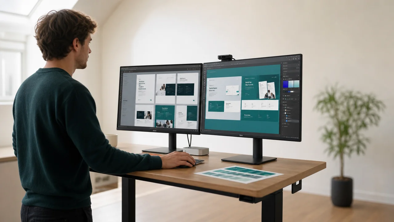 Man sitting by desk with 2 monitors.